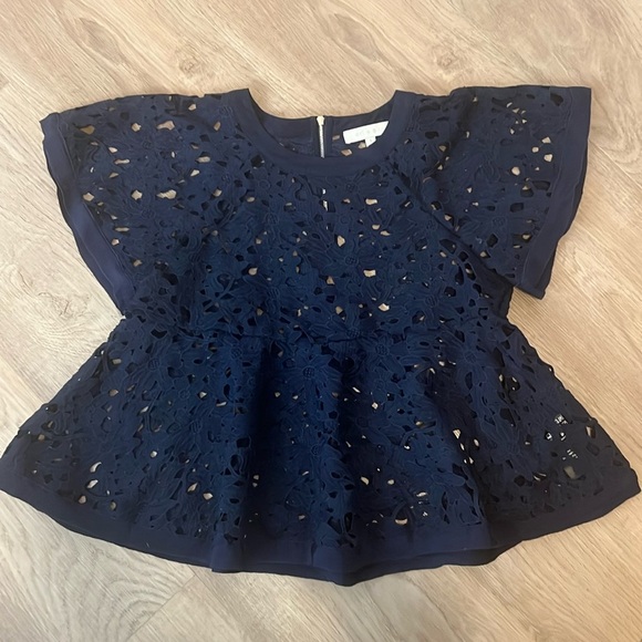 Eri + Ali Anthropologie Navy Blue Raglan Sleeve Lace Peplum Blouse (S) EUC - Picture 1 of 3